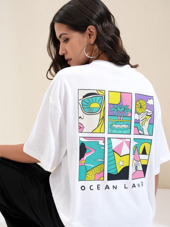 Tokyo Talkies Women White Printed Oversized Fit T-Shirt - White - Image 1