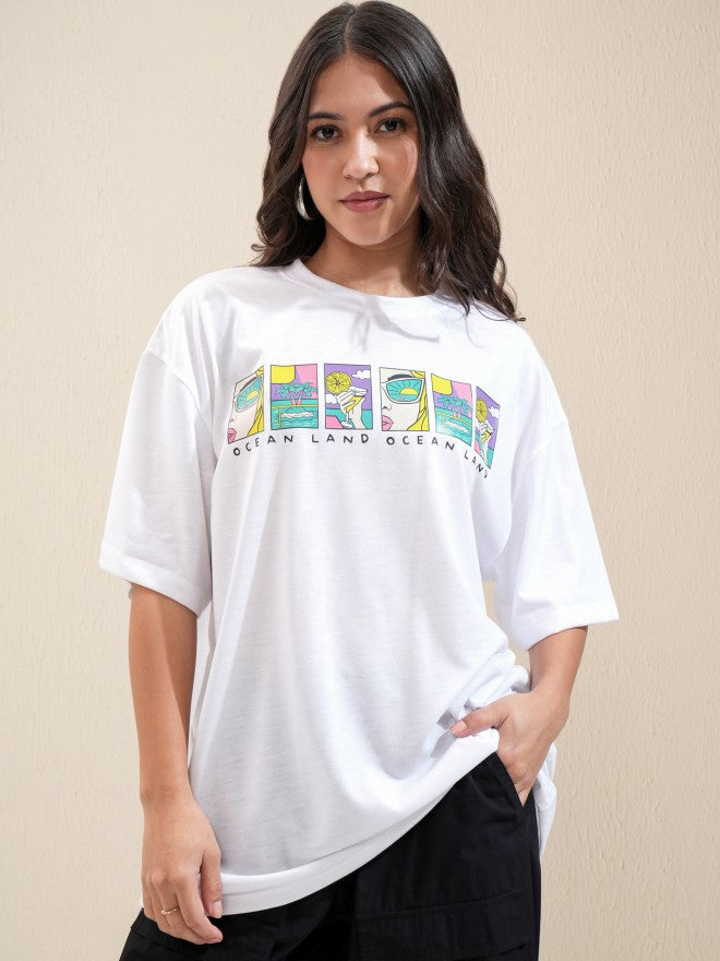 Tokyo Talkies Women White Printed Oversized Fit T-Shirt - White - Image 3