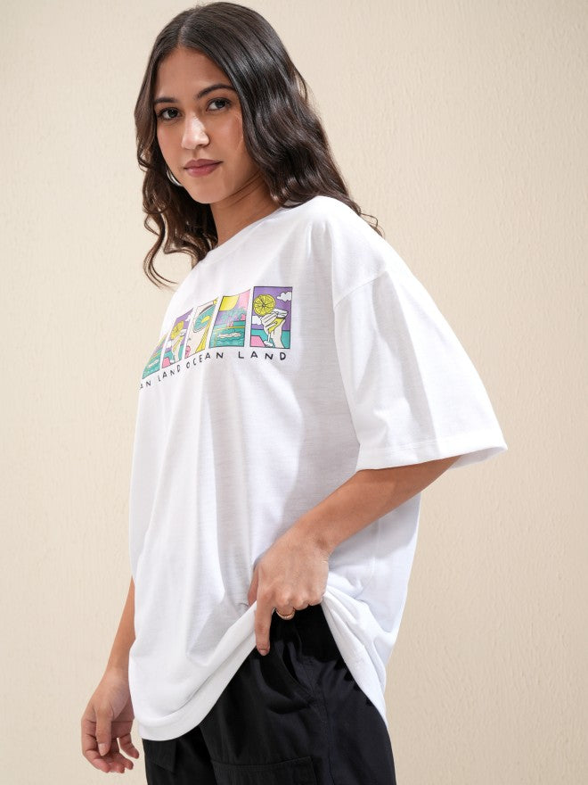 Tokyo Talkies Women White Printed Oversized Fit T-Shirt - White - Image 4