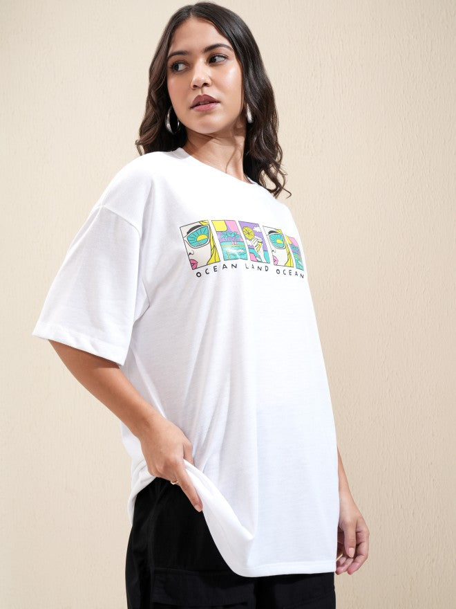 Tokyo Talkies Women White Printed Oversized Fit T-Shirt - White - Image 6