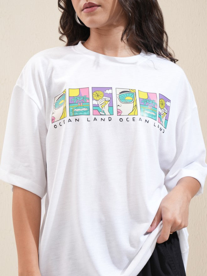Tokyo Talkies Women White Printed Oversized Fit T-Shirt - White - Image 7