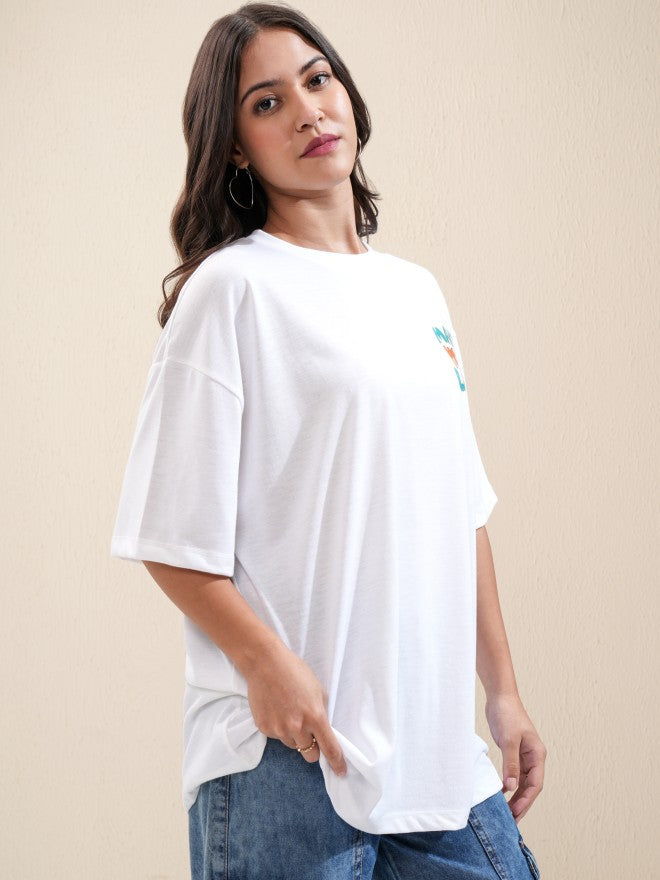 Tokyo Talkies Women White Printed Oversized Fit T-Shirt - White - Image 6
