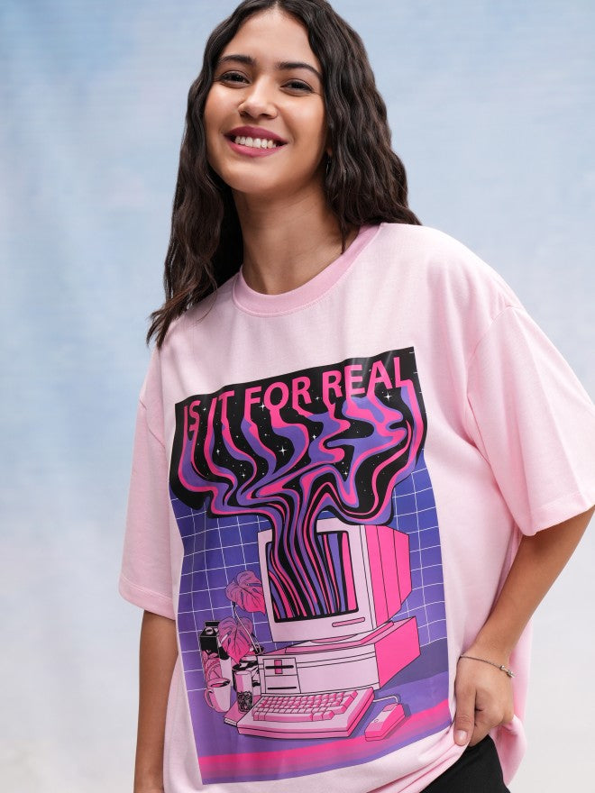 Tokyo Talkies Women Pink Printed Oversized Fit T-Shirt - Pink - Image 1
