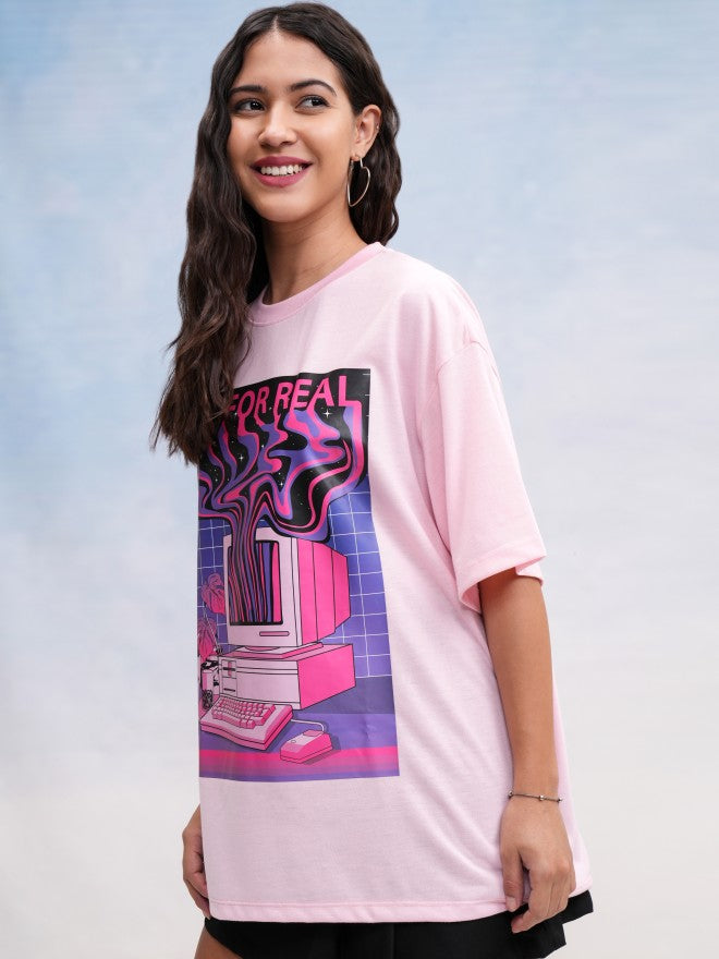 Tokyo Talkies Women Pink Printed Oversized Fit T-Shirt - Pink - Image 4