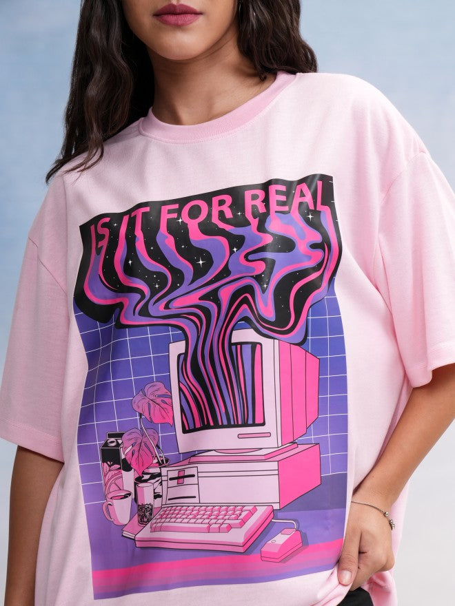 Tokyo Talkies Women Pink Printed Oversized Fit T-Shirt - Pink - Image 5