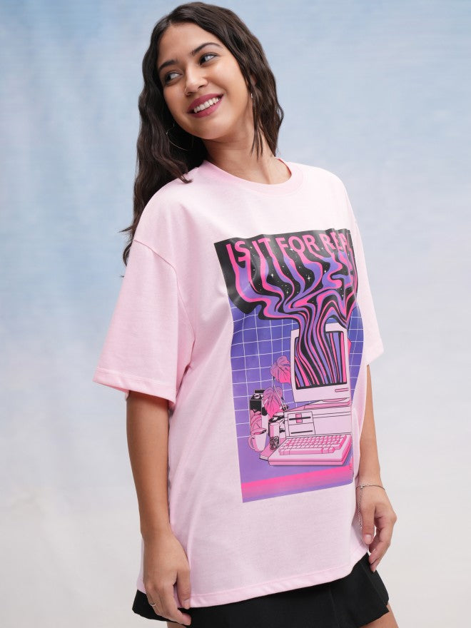 Tokyo Talkies Women Pink Printed Oversized Fit T-Shirt - Pink - Image 6