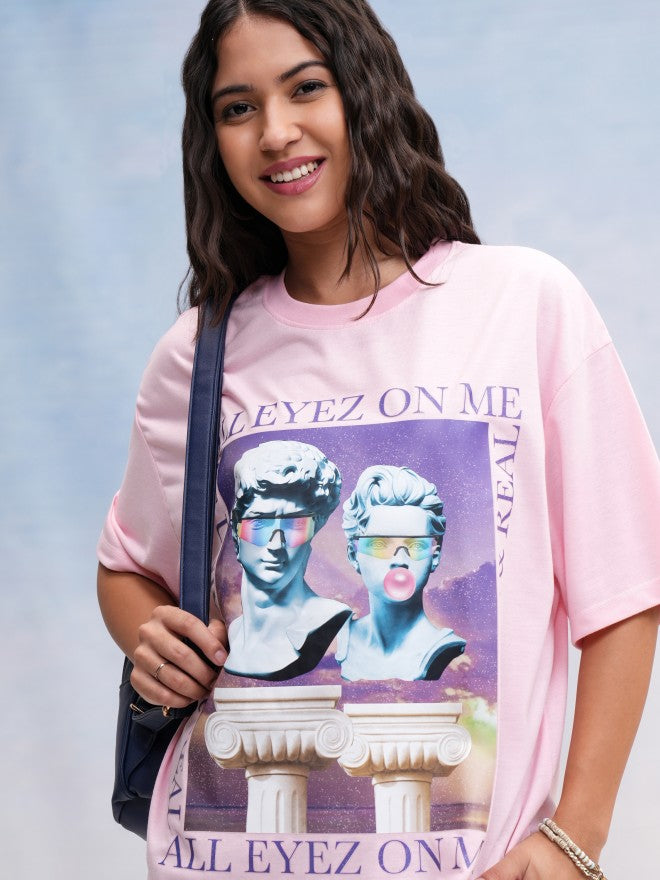 Tokyo Talkies Women Pink Printed Oversized Fit T-Shirt - Pink - Image 1