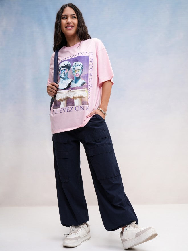 Tokyo Talkies Women Pink Printed Oversized Fit T-Shirt - Pink - Image 2