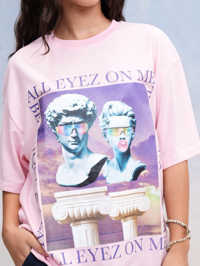 Tokyo Talkies Women Pink Printed Oversized Fit T-Shirt - Pink - Image 5