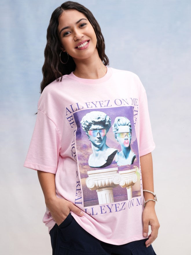 Tokyo Talkies Women Pink Printed Oversized Fit T-Shirt - Pink - Image 6