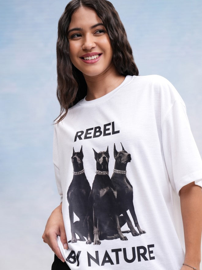 Tokyo Talkies Women White Printed Oversized Fit T-Shirt - White - Image 1