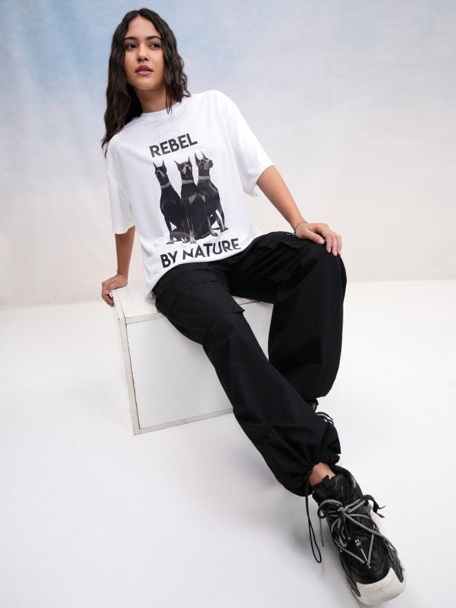 Tokyo Talkies Women White Printed Oversized Fit T-Shirt - White - Image 2