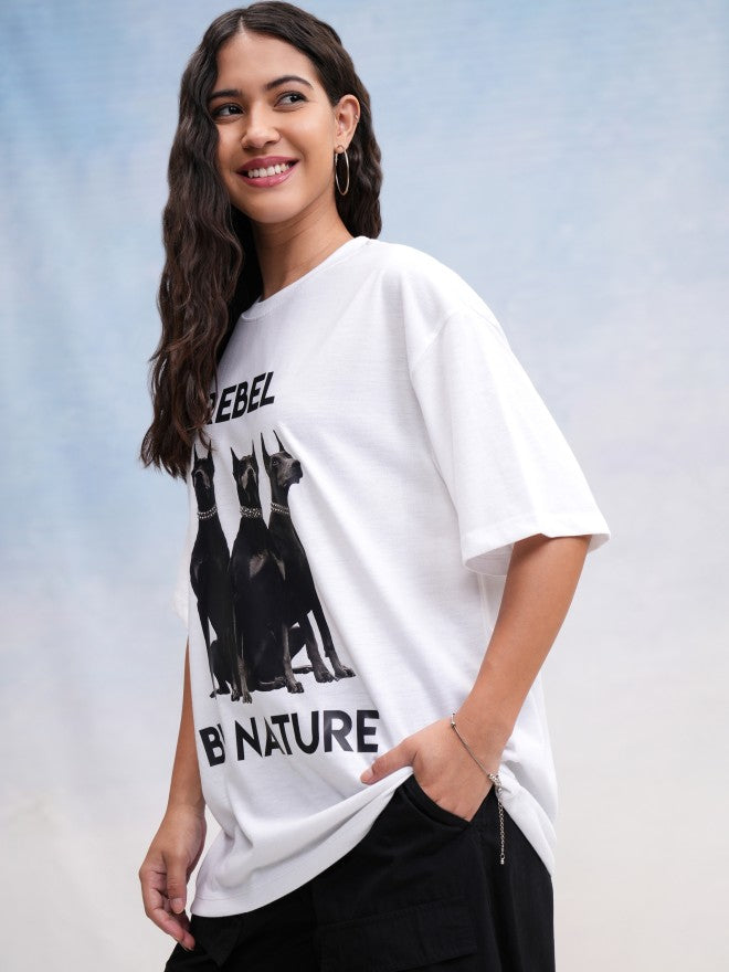Tokyo Talkies Women White Printed Oversized Fit T-Shirt - White - Image 4