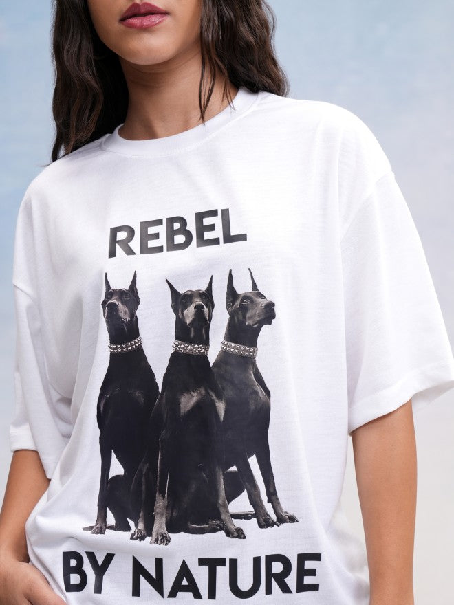 Tokyo Talkies Women White Printed Oversized Fit T-Shirt - White - Image 5