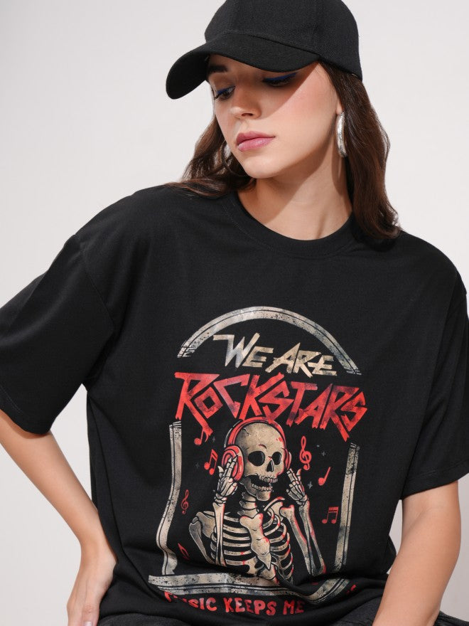 Tokyo Talkies Women Black Printed Round Neck Oversized Fit T-Shirt - Black - Image 1