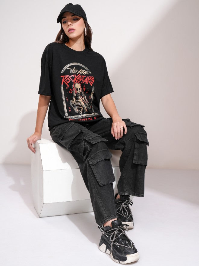 Tokyo Talkies Women Black Printed Round Neck Oversized Fit T-Shirt - Black - Image 2