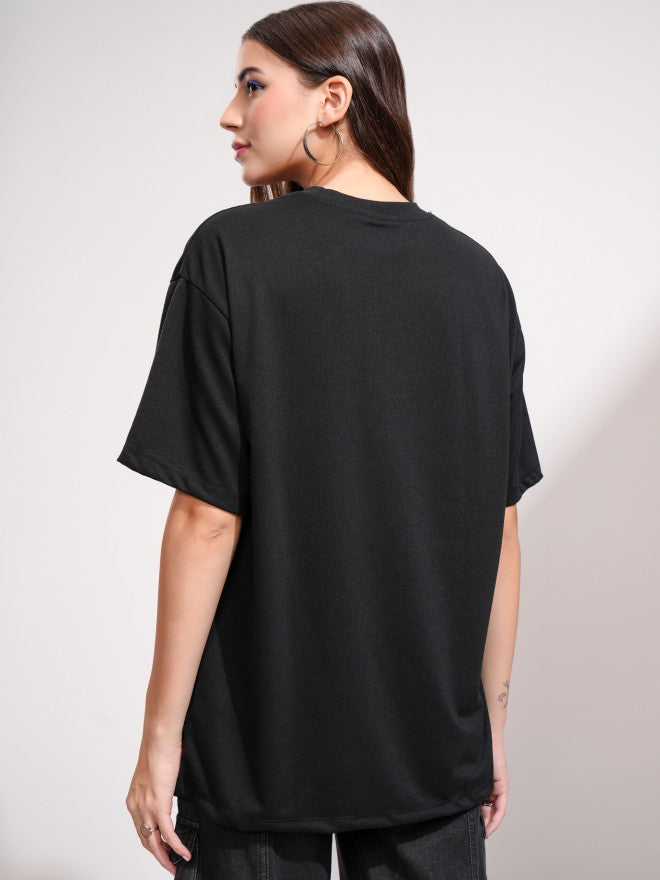 Tokyo Talkies Women Black Printed Round Neck Oversized Fit T-Shirt - Black - Image 3