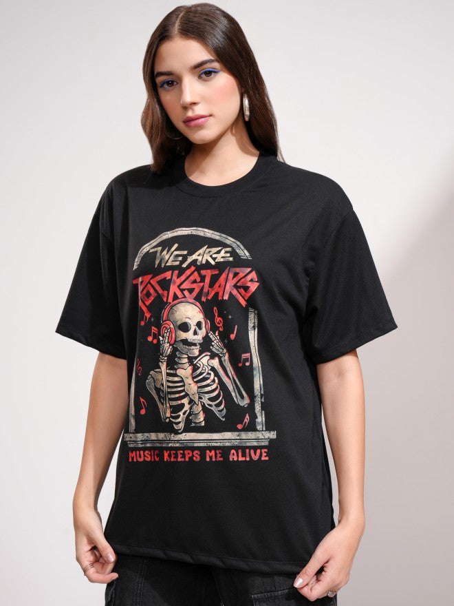 Tokyo Talkies Women Black Printed Round Neck Oversized Fit T-Shirt - Black - Image 4