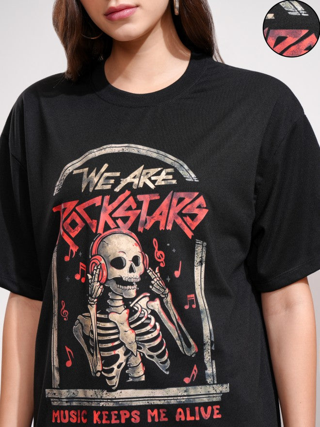 Tokyo Talkies Women Black Printed Round Neck Oversized Fit T-Shirt - Black - Image 5