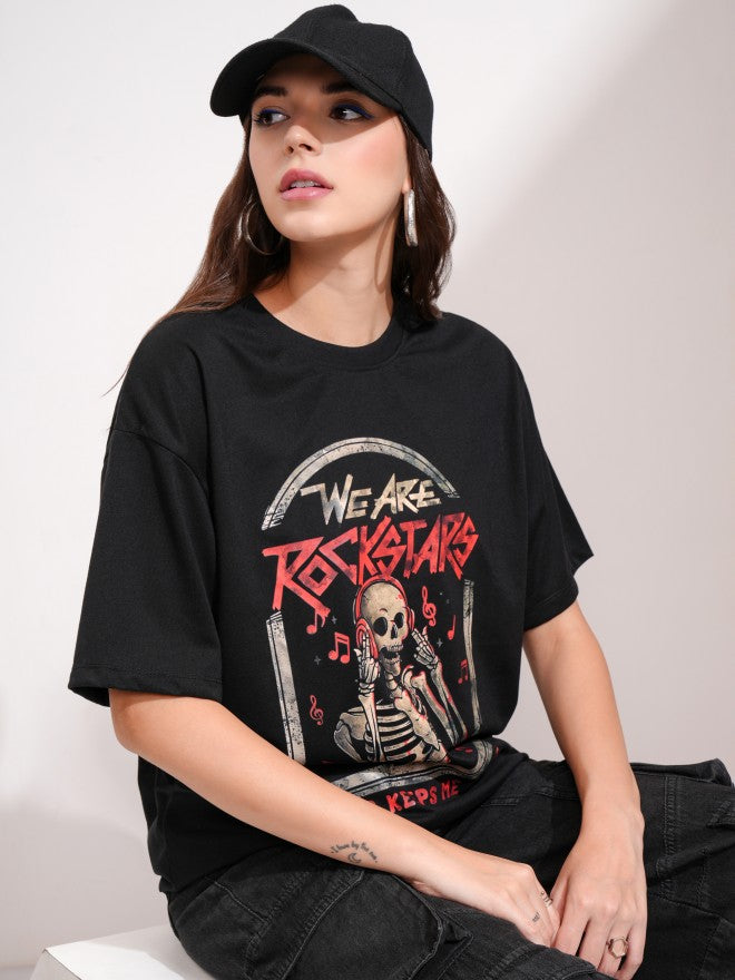 Tokyo Talkies Women Black Printed Round Neck Oversized Fit T-Shirt - Black - Image 6