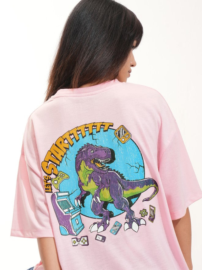 Tokyo Talkies Women Pink Printed Round Neck Oversized Fit T-Shirt - Pink - Image 1