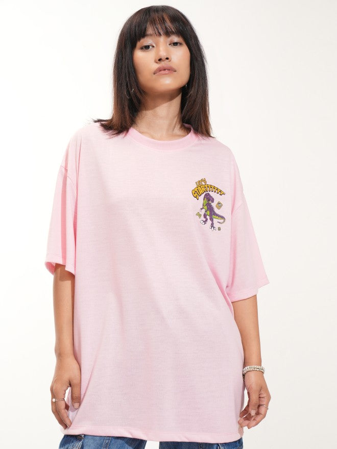 Tokyo Talkies Women Pink Printed Round Neck Oversized Fit T-Shirt - Pink - Image 3