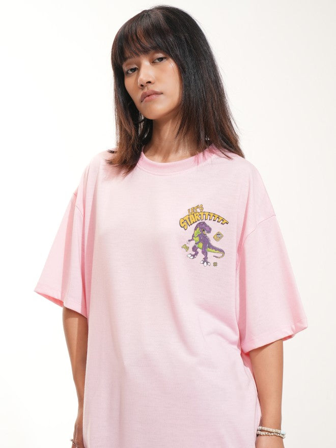 Tokyo Talkies Women Pink Printed Round Neck Oversized Fit T-Shirt - Pink - Image 4
