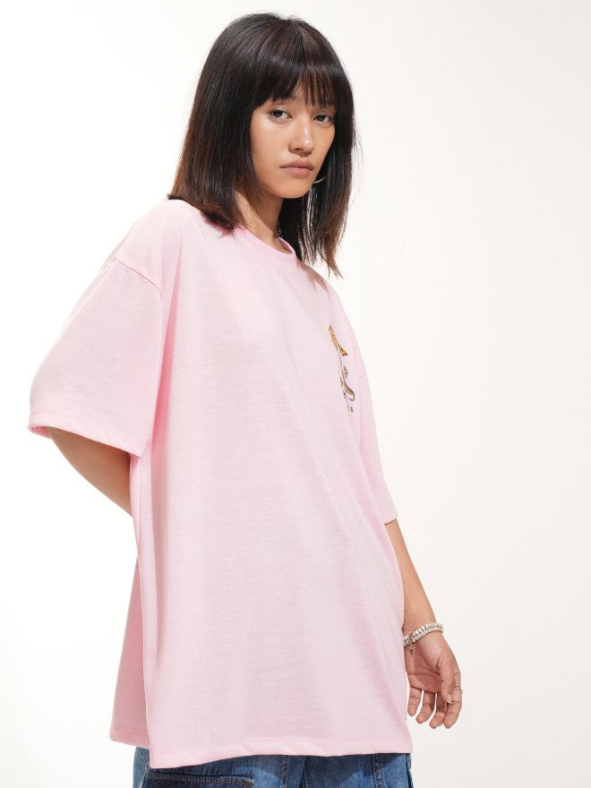 Tokyo Talkies Women Pink Printed Round Neck Oversized Fit T-Shirt - Pink - Image 6