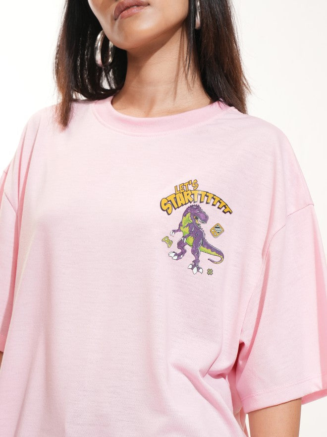 Tokyo Talkies Women Pink Printed Round Neck Oversized Fit T-Shirt - Pink - Image 7