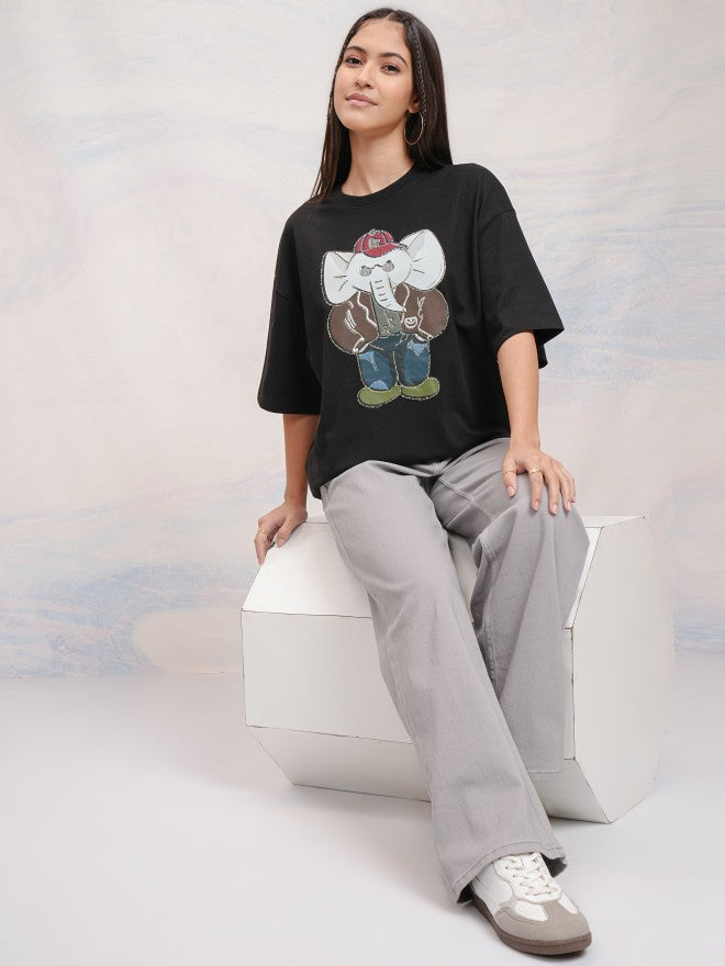 Tokyo Talkies Women Black Applique Round Neck Oversized Fit T-Shirt - Black - Image 2