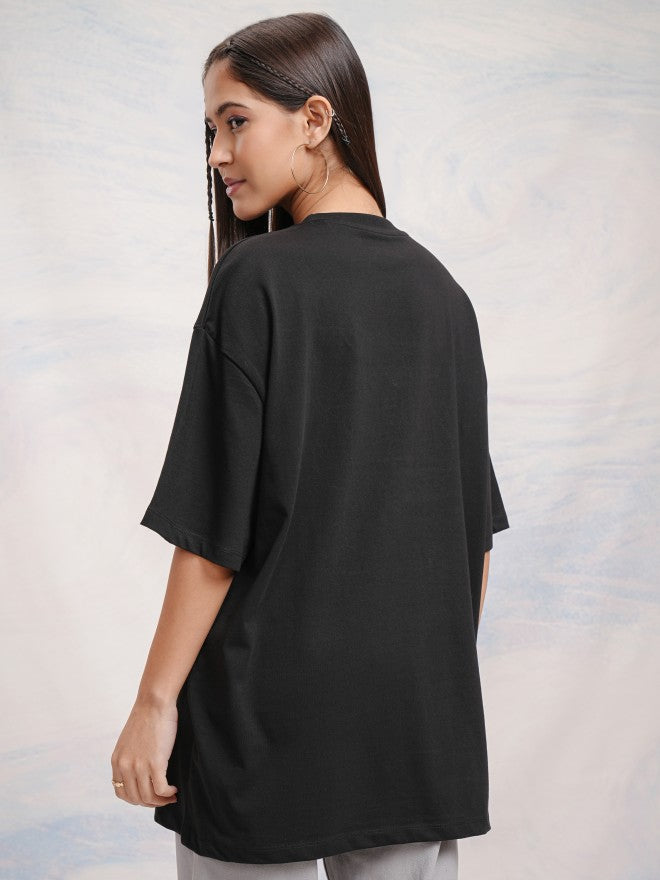 Tokyo Talkies Women Black Applique Round Neck Oversized Fit T-Shirt - Black - Image 3