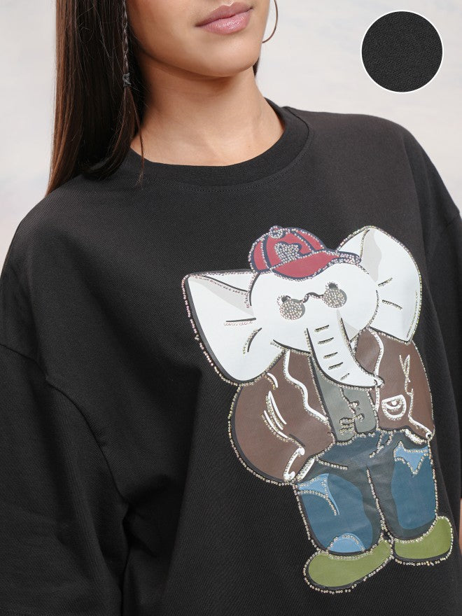 Tokyo Talkies Women Black Applique Round Neck Oversized Fit T-Shirt - Black - Image 5