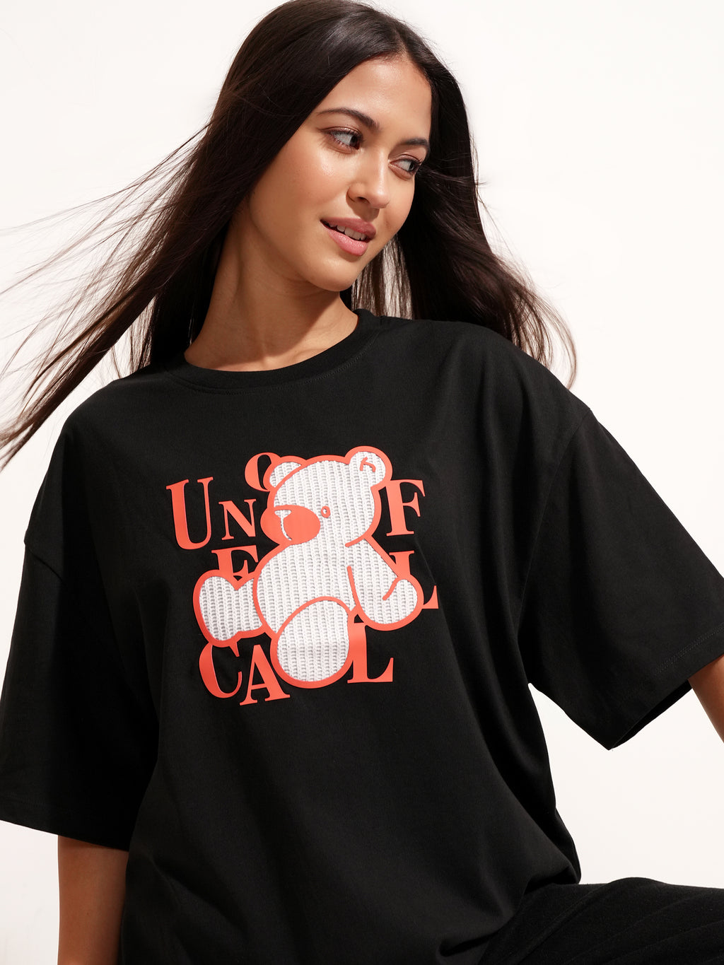 Tokyo Talkies Women Black Printed Round Neck Oversized Fit T-Shirt - Black - Image 1