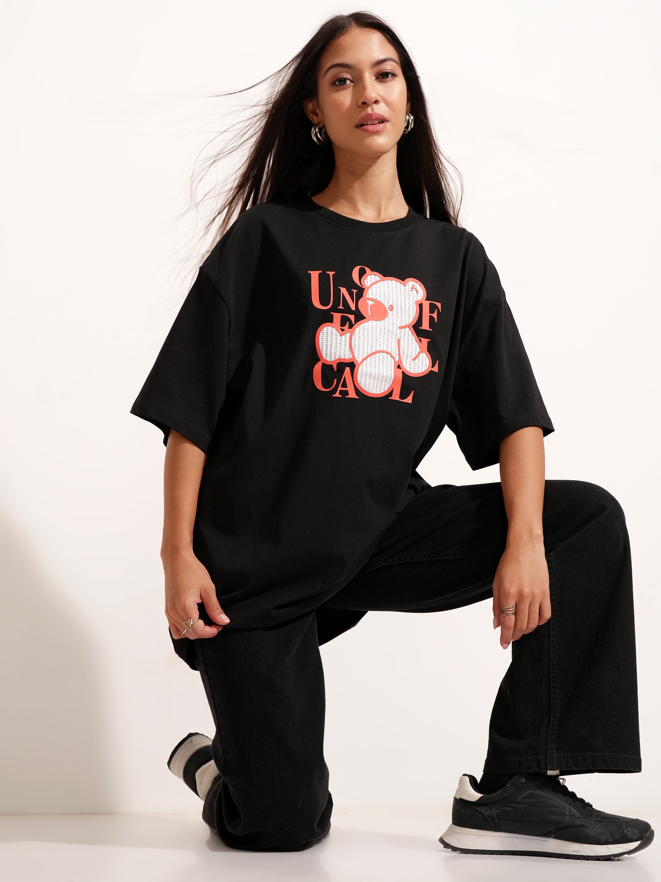 Tokyo Talkies Women Black Printed Round Neck Oversized Fit T-Shirt - Black - Image 2