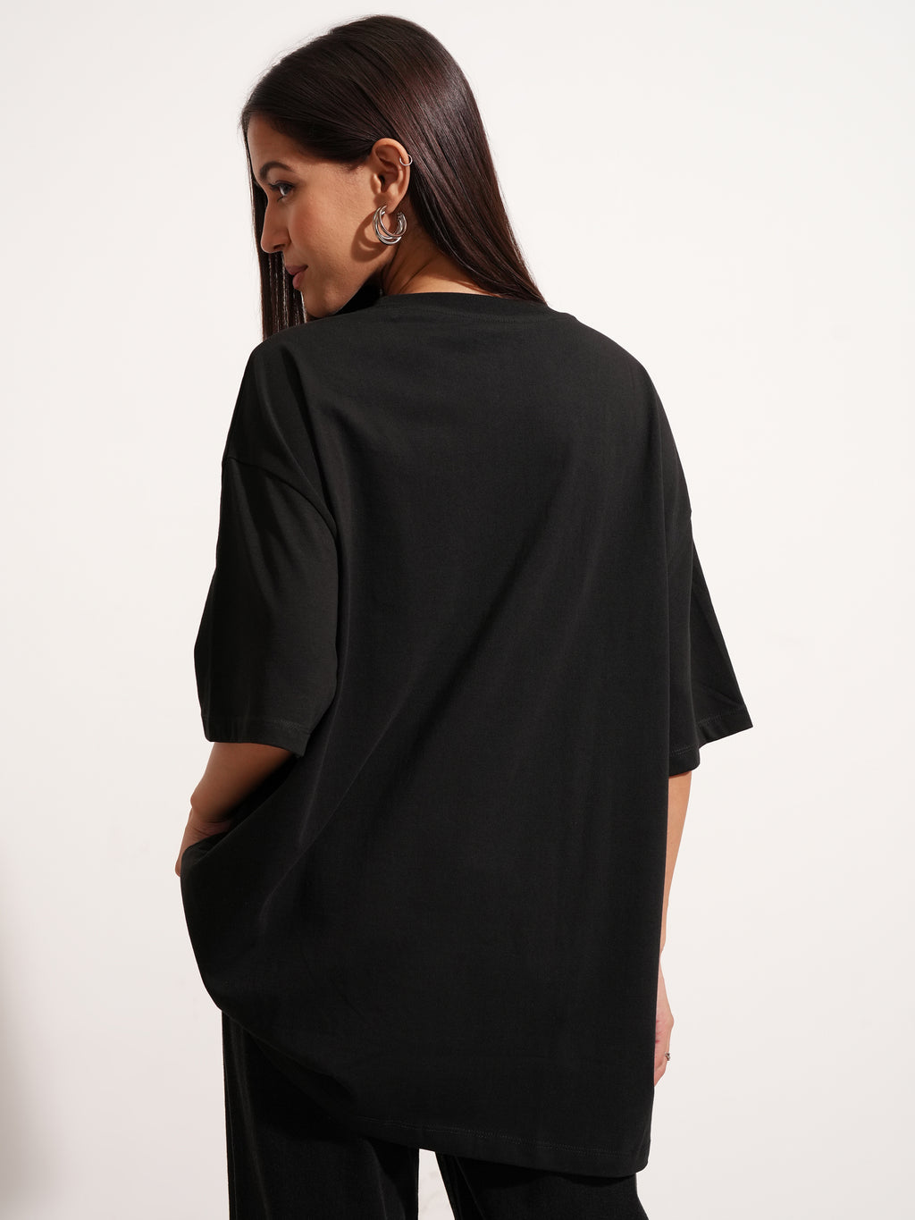 Tokyo Talkies Women Black Printed Round Neck Oversized Fit T-Shirt - Black - Image 3