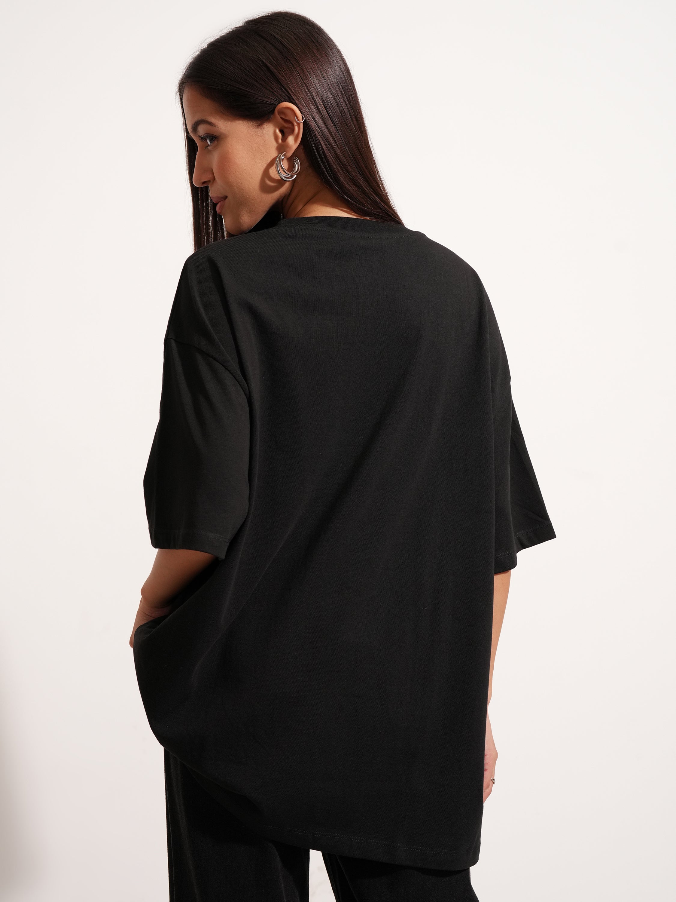 Tokyo Talkies Women Black Printed Round Neck Oversized Fit T-Shirt - Black - Image 3