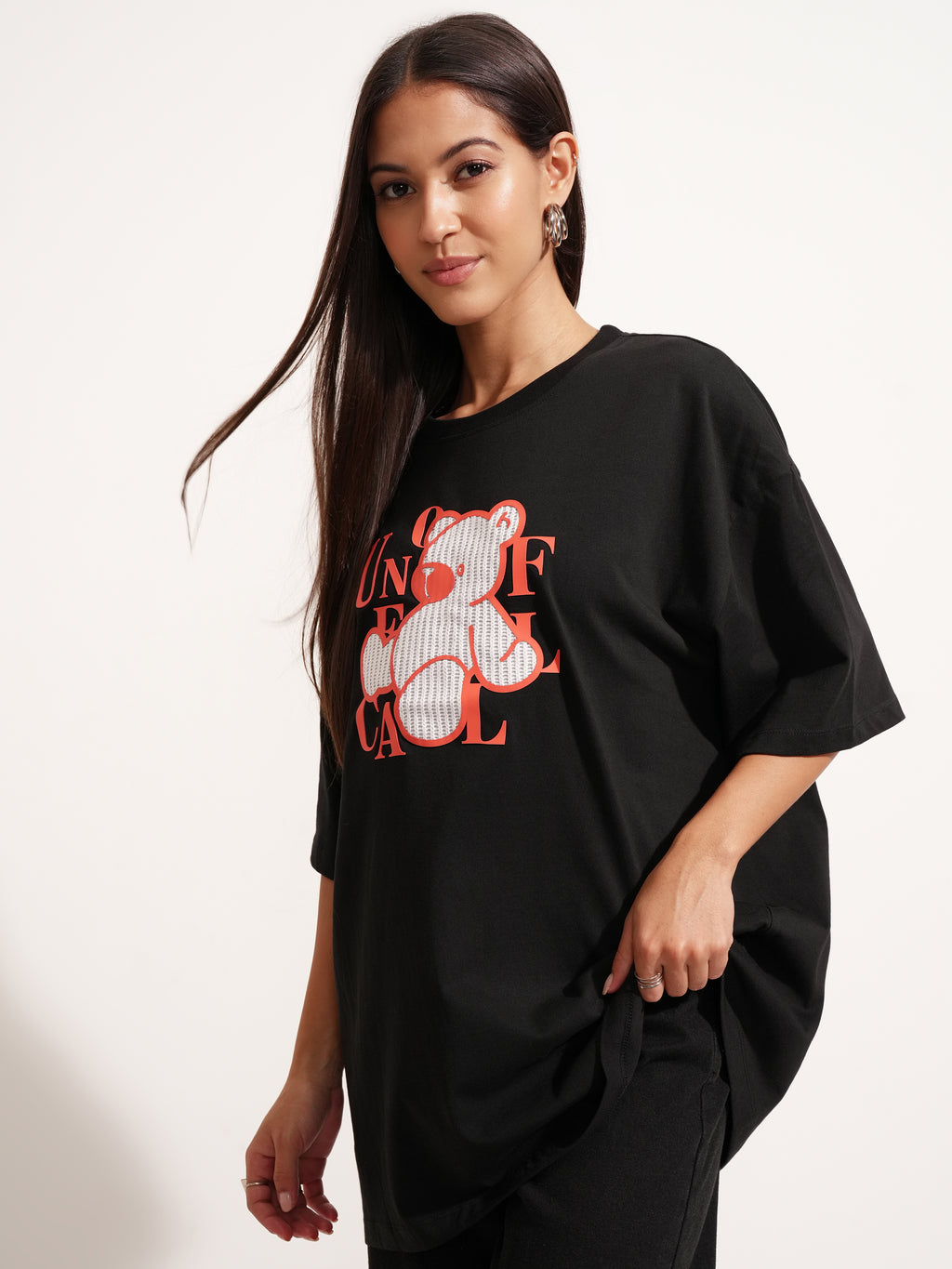 Tokyo Talkies Women Black Printed Round Neck Oversized Fit T-Shirt - Black - Image 4