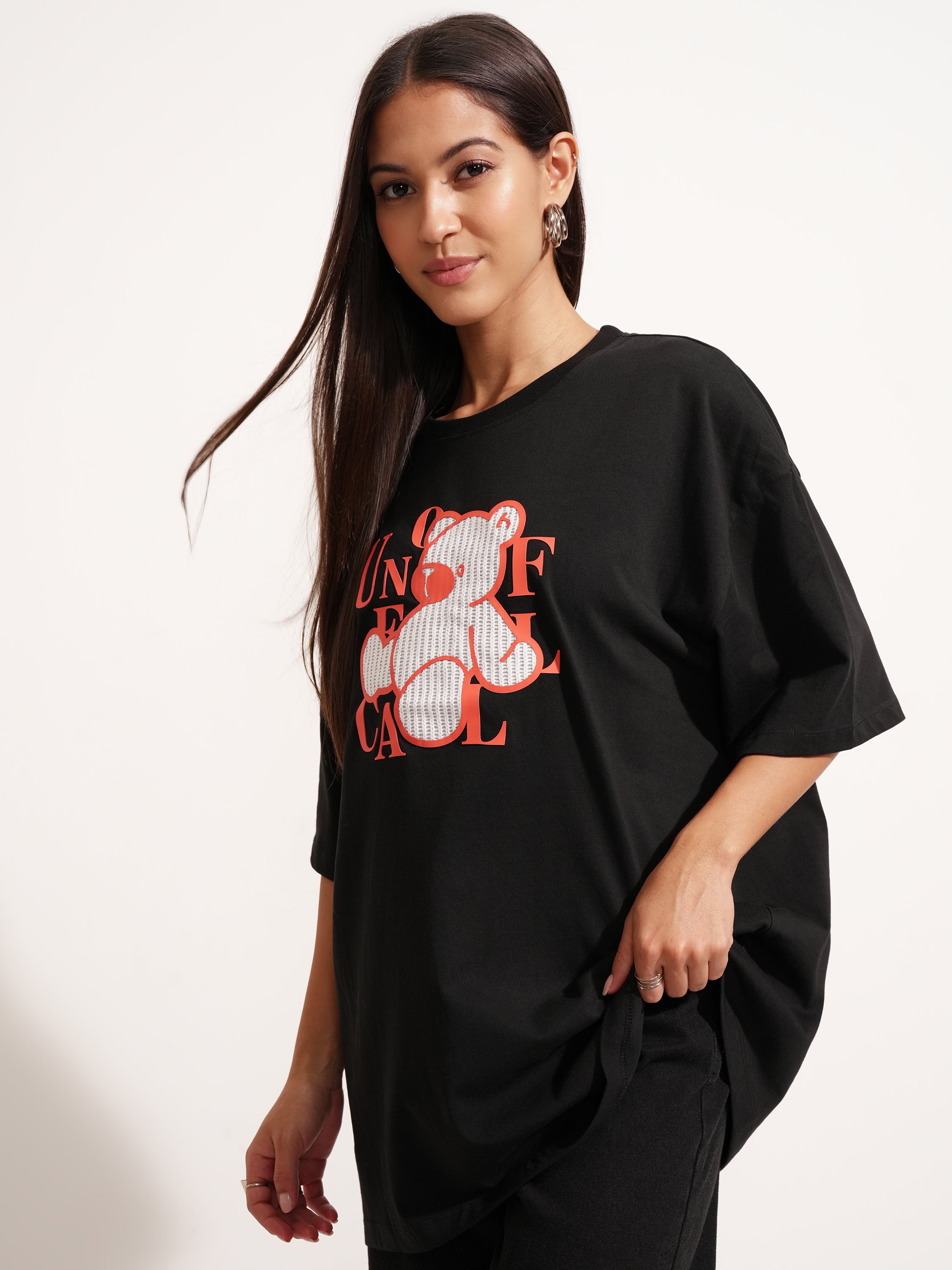 Tokyo Talkies Women Black Printed Round Neck Oversized Fit T-Shirt - Black - Image 4