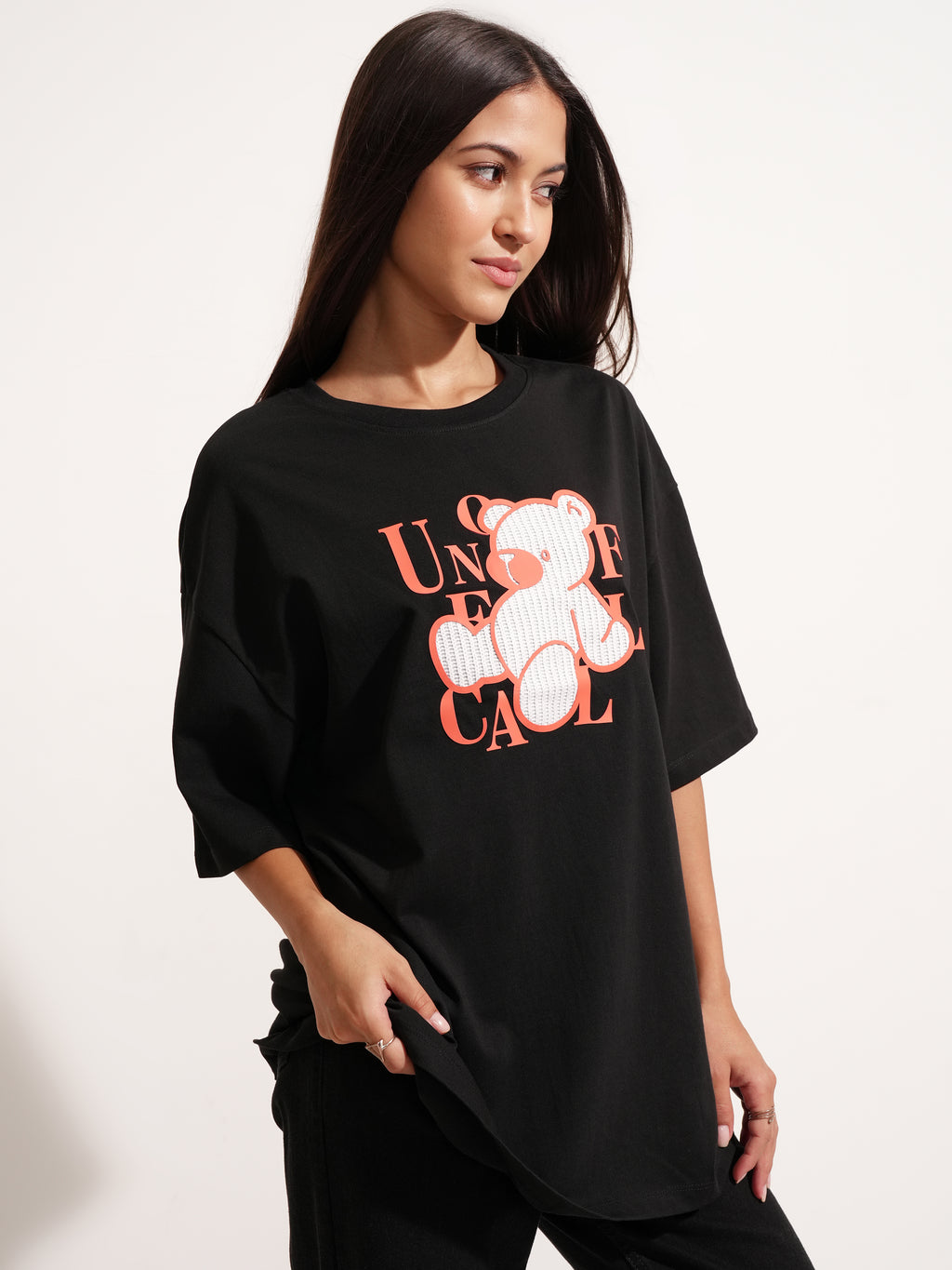 Tokyo Talkies Women Black Printed Round Neck Oversized Fit T-Shirt - Black - Image 6