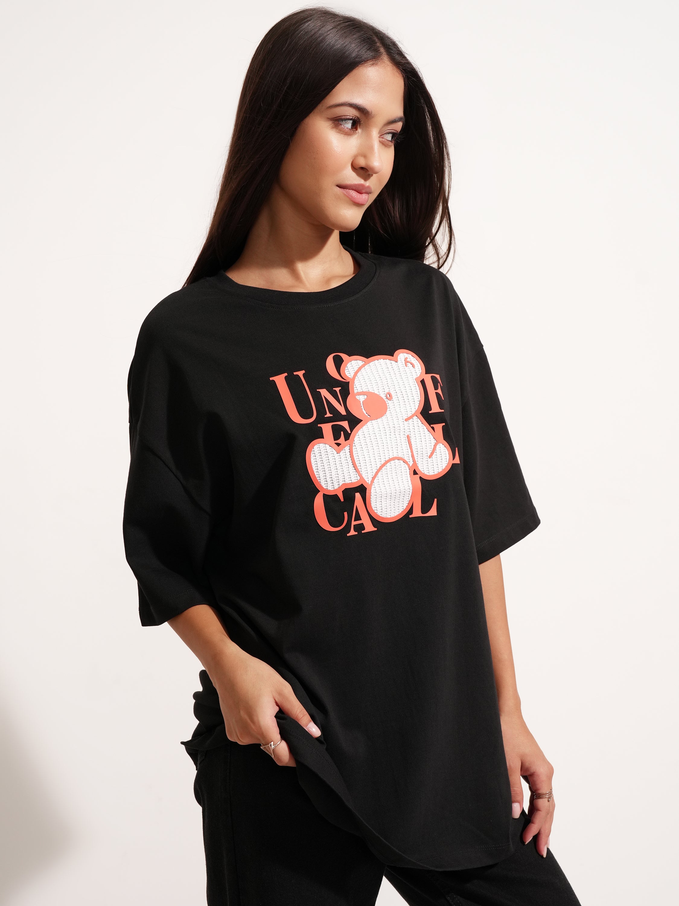 Tokyo Talkies Women Black Printed Round Neck Oversized Fit T-Shirt - Black - Image 6