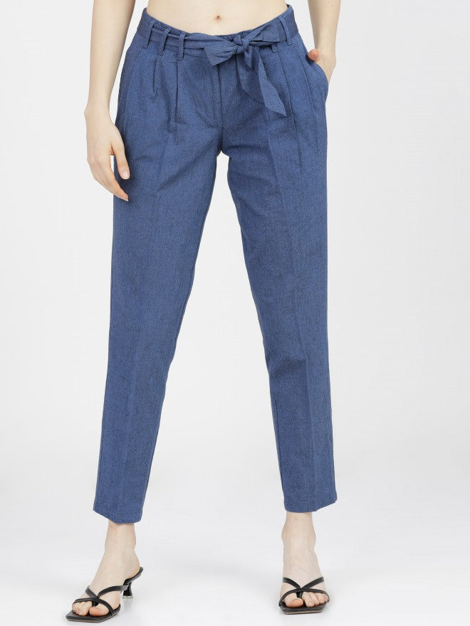 Tokyo Talkies Womens Blue/Black Pleated Tapered Fit Low Waist Trouser - Blue - Image 1
