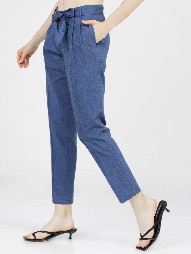 Tokyo Talkies Womens Blue/Black Pleated Tapered Fit Low Waist Trouser - Blue - Image 2