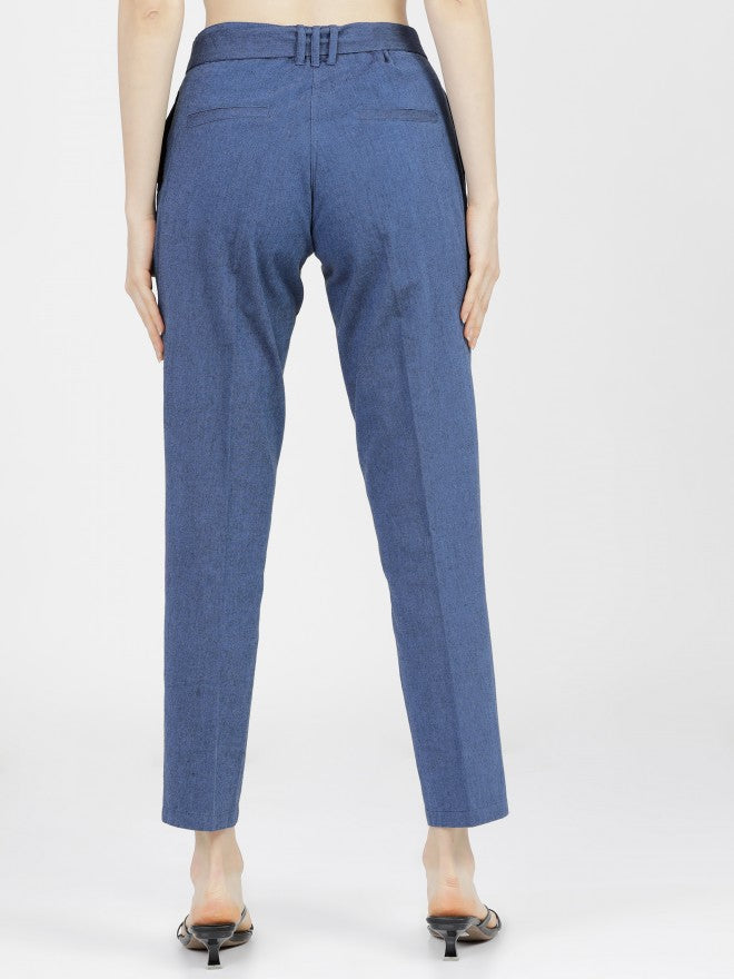 Tokyo Talkies Womens Blue/Black Pleated Tapered Fit Low Waist Trouser - Blue - Image 3