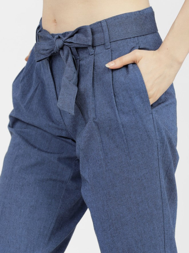 Tokyo Talkies Womens Blue/Black Pleated Tapered Fit Low Waist Trouser - Blue - Image 4