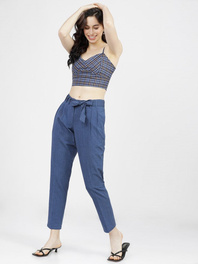 Tokyo Talkies Womens Blue/Black Pleated Tapered Fit Low Waist Trouser - Blue - Image 5