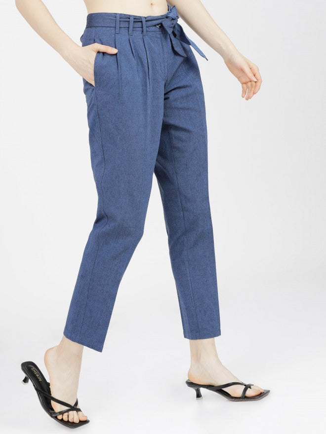 Tokyo Talkies Womens Blue/Black Pleated Tapered Fit Low Waist Trouser - Blue - Image 6