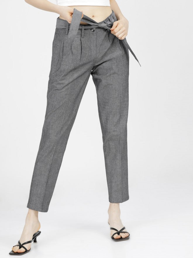 Tokyo Talkies Womens Black/White Pleated Tapered Fit Low Waist Trouser - Black - Image 1