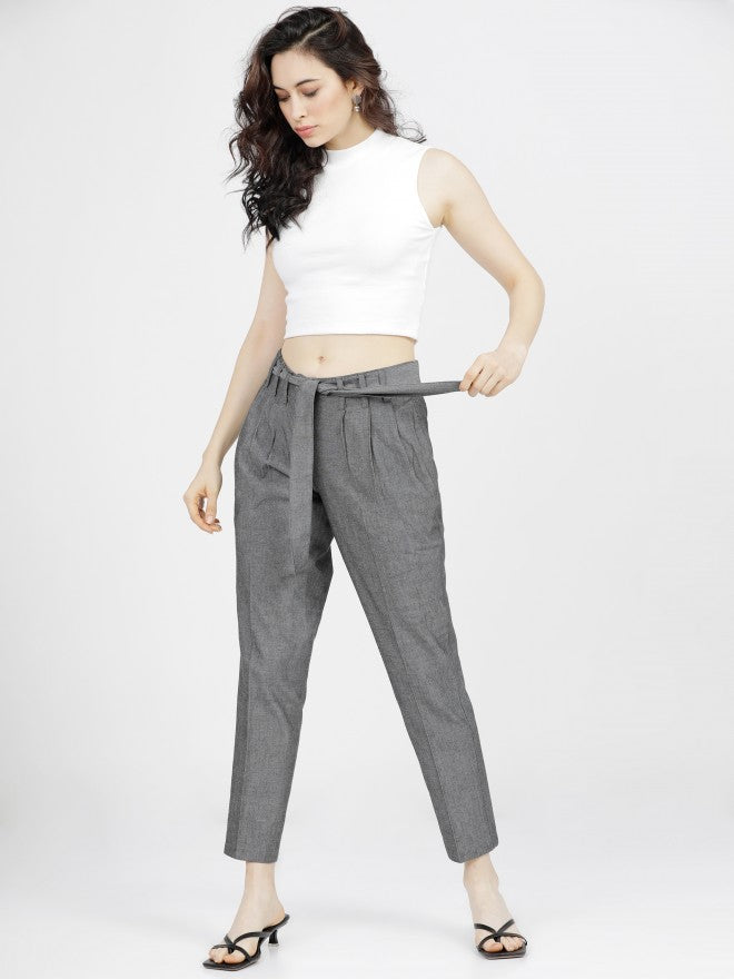 Tokyo Talkies Womens Black/White Pleated Tapered Fit Low Waist Trouser - Black - Image 5