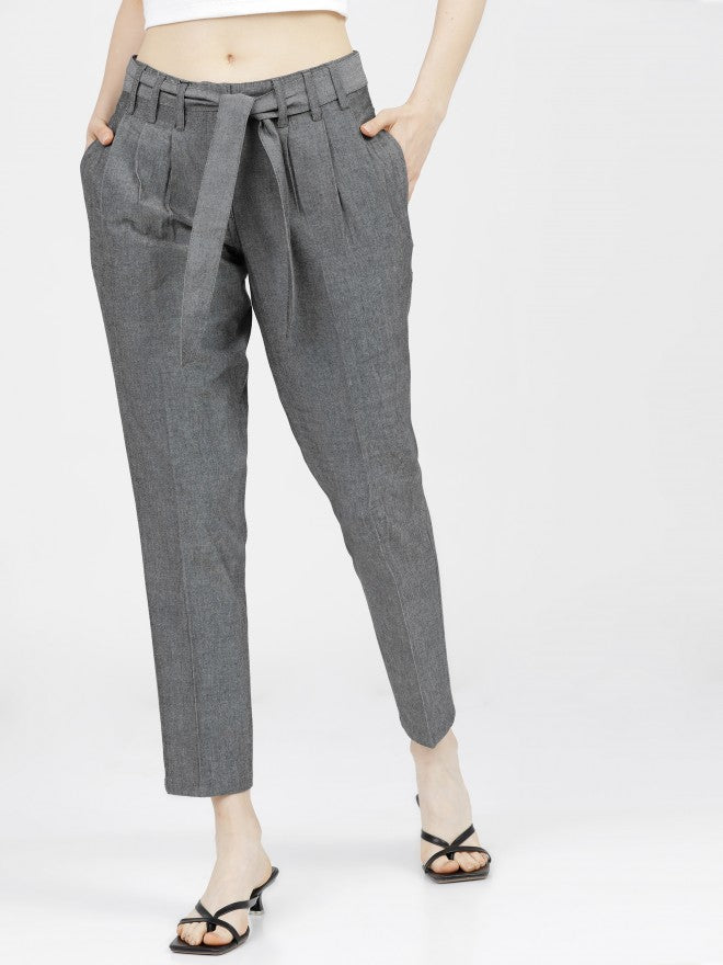 Tokyo Talkies Womens Black/White Pleated Tapered Fit Low Waist Trouser - Black - Image 7
