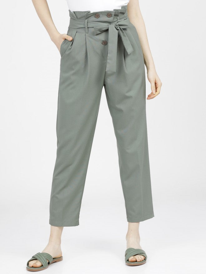Tokyo Talkies Womens Green Pleated Ankle Length Trouser - Green - Image 1